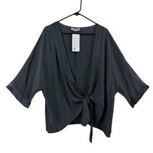 Tina Stephens Made in Italy Cotton ONE SIZE OS Gray Adria Wrap Top Satin Boho